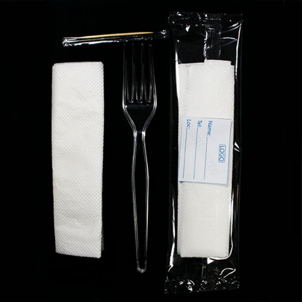 D0016: Customised High Quality 3 in 1 (fork, tissue, toothpick). 400 pieces per bag
