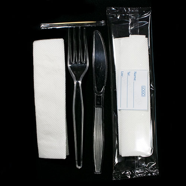 D0019: Customised High Quality 4 in 1 (fork, knife, tissue, toothpick). 400 pieces per bag