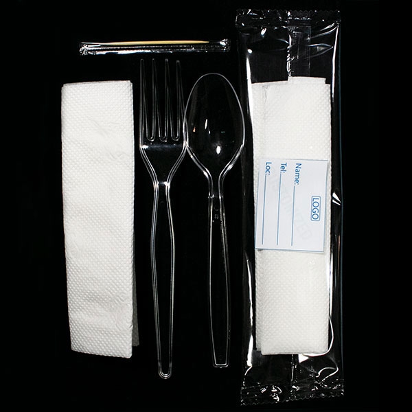 D0018: Customised High Quality 4 in 1 (spoon, fork, tissue, toothpick). 400 pieces per bag