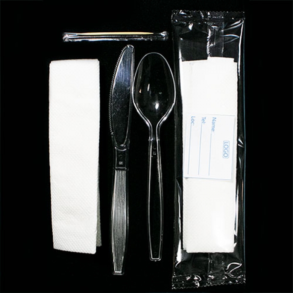 D0020: Customised High Quality 4 in 1 (spoon, knife, tissue, toothpick). 400 pieces per bag