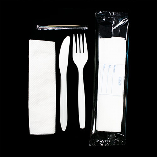 D0012:Customised Medium Quality 4 in 1 (fork, knife, tissue, toothpick). 400 pieces per bag