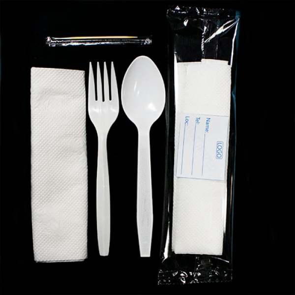 D0011:Customised Medium Quality 4 in 1 (spoon, fork, tissue, toothpick). 400 pieces per bag