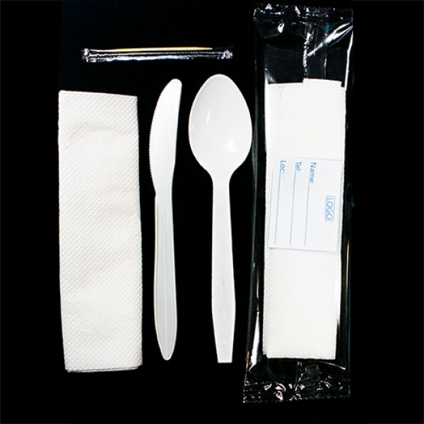 D0013: Customised Medium Quality 4 in 1 (spoon, knife, tissue, toothpick). 400 pieces per bag
