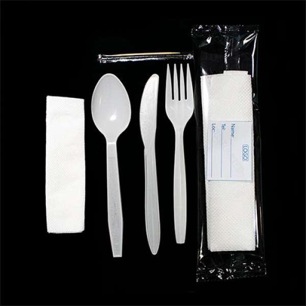 D0014: Customised Medium Quality 5 in 1 (spoon, fork, knife, tissue, toothpick). 400 pieces per bag